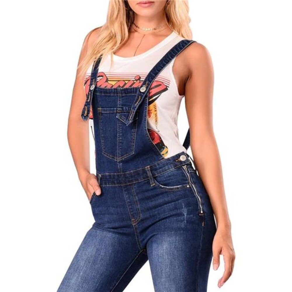 **New Women's Distressed Skinny Fit Stretch Denim Bib Overalls - Casual - Picture 2 of 5